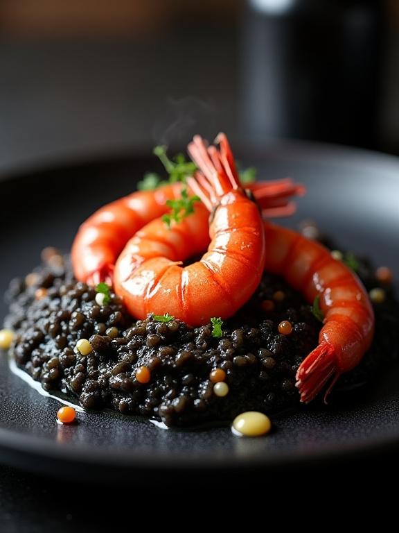 Dettaglio del piatto di risotto nero con gambero rosso